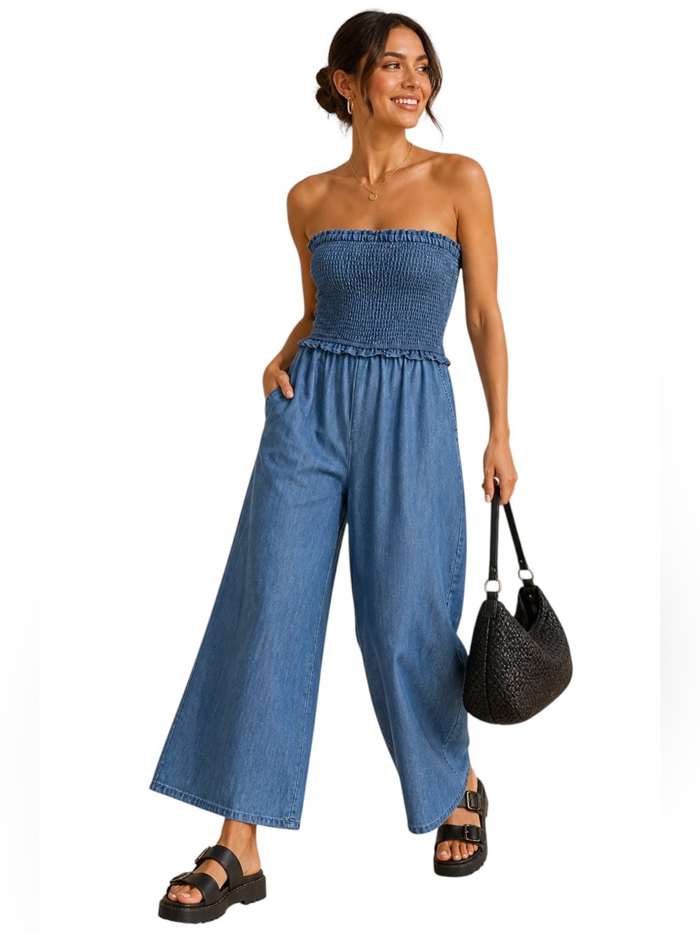 SPEED LIMIT MPH Blue Strapless Smocked Jumpsuit Wide Leg Women Size XL NWT